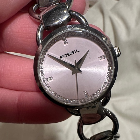 Fossil Pink Dial Silver Chain Watch